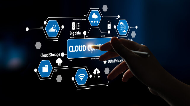 A hand interacts with a modern holographic interface showcasing cloud computing concepts, emphasizing data management, storage, security, and privacy in digital technology. Tessel - Powered by Adobe