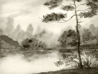 Watercolor landscape. Pine tree by the lake © Marina