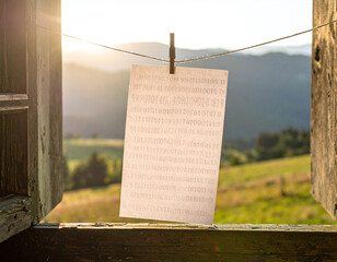 Atmospheric shot features digital binary code on paper drying outside a rustic window at sunset. A metaphor for data transparency and green computing in a beautiful mountain landscape.