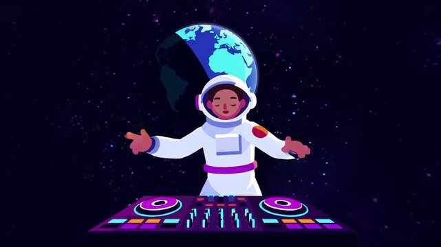 Astronaut DJ in space Cosmic Music Performance Electronic Musician Entertainment Starry Alien Sound Beat 2D Style