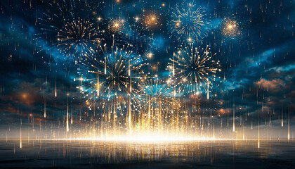 New Year's Eve abstract background with golden, luminous rain and fireworks against the sky, streams of light, flashes
