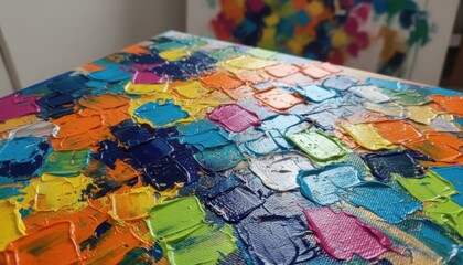 Close up of an abstract canvas with raised square patches of vibrant multicolored oil paint applied with a palette knife tool
