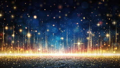 Sylwestrowe, abstrakcyjne tło ze złotym, świetlistym deszczem na tle nieba, spływającymi z g&oacute;ry strugami światła, błyskami, 