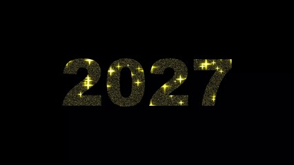 Sparkling gold glittery text of the year 2027 on black background sparkles