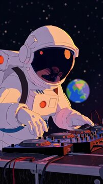 Astronaut DJ in space Cosmic Music Performance Electronic Musician Entertainment Starry Alien Sound Cartoon