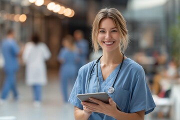 Happy doctor smiling while using tablet in busy hospital environment during a working day