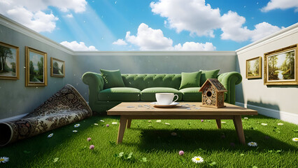 A green couch and a wooden coffee table in a small grassy backyard with a blue sky and white clouds