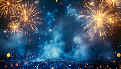 Fajerwerki na tle zamglonego nieba. Tło sylwestrowe