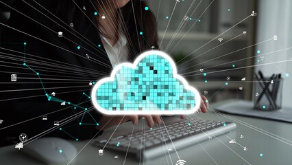 A modern office scene showcasing cloud computing visuals, data flow effects, and a user interacting with a keyboard, representing digital transformation and connectivity. Xenic