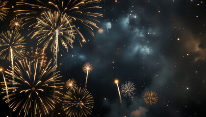 Fajerwerki na tle zamglonego nieba. Tło sylwestrowe