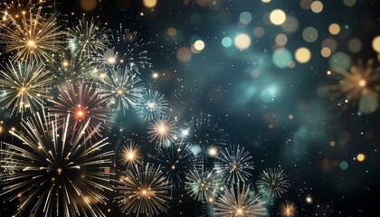 Fajerwerki na tle zamglonego nieba. Tło sylwestrowe