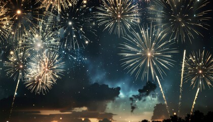 Fajerwerki na tle zamglonego nieba. Tło sylwestrowe