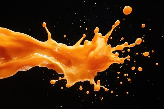 Vibrant orange/mango liquid splash with droplets isolated on black background