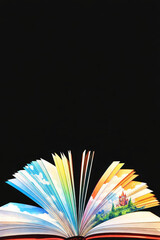 An open book with colorful illustrated pages spreading outward against a deep black background. Each page reveals landscapes symbolizing imagination, storytelling, knowledge, and creative journeys.