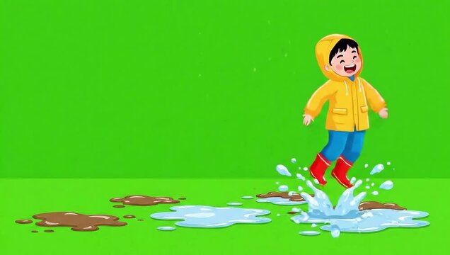 Kid jumping over small mud puddles playfully vector animation on green screen 