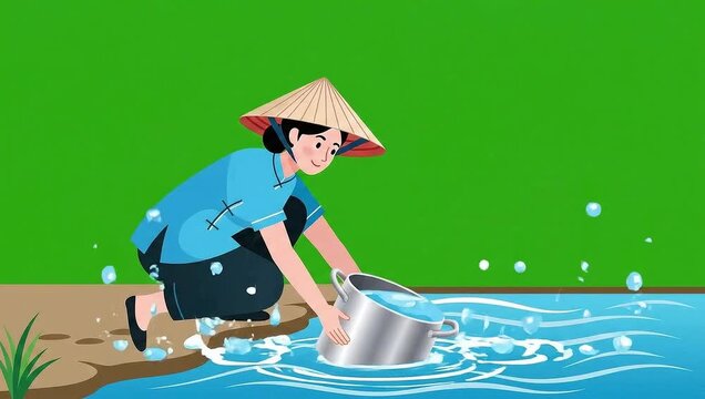Lady collecting fresh water from small canal using metal pot vector animation on green screen video