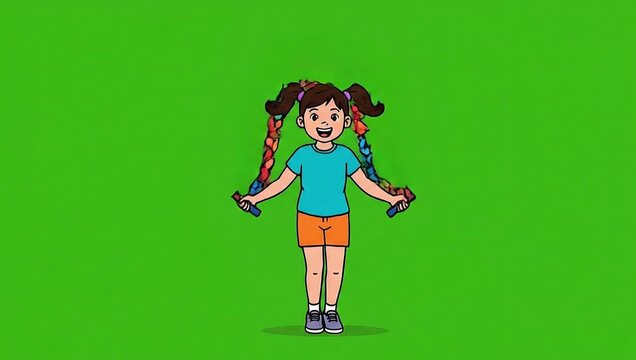 Little girl skipping rope made from old cloth pieces vector on green screen animation video