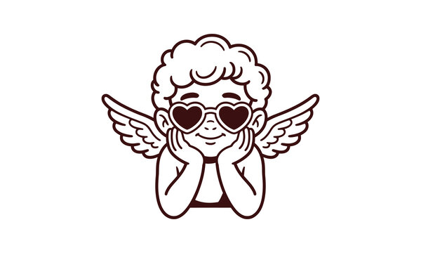 Cupid with heart-shaped sunglasses resting chin on hands