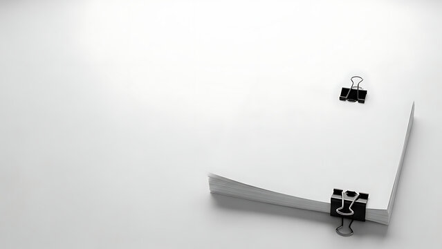 Blank white paper stack held by binder clips on a minimalist background with large copy space