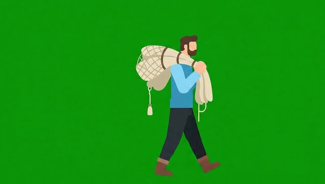 Man carrying bundle of fishing net simple vector on green screen animation