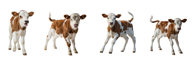 Cow Calf Bos taurus isolated on white background group of four young spotted cattle running jumping playful domestic farm animals set cutout photography