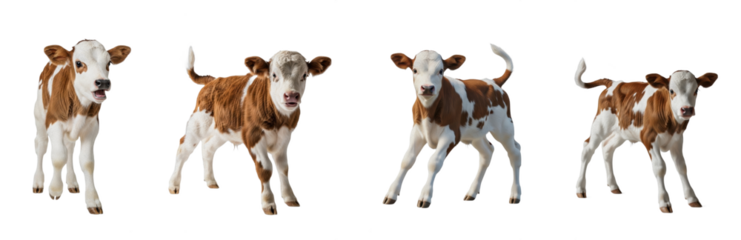 Cow Calf Bos taurus isolated on white background group of four young spotted cattle running jumping playful domestic farm animals set cutout photography