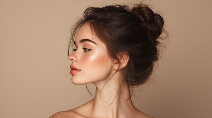 Profile portrait of a young woman with a classic bun hairstyle and glowing skin