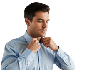 Man adjusting collar isolated on transparent background
