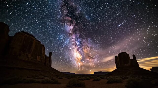 Time lapse of milky way galaxy over desert, with bright meteors streaking across the night sky. Astrophotography concept.