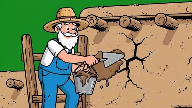 Man climbing up ladder to repair mud house wall vector on green screen animation