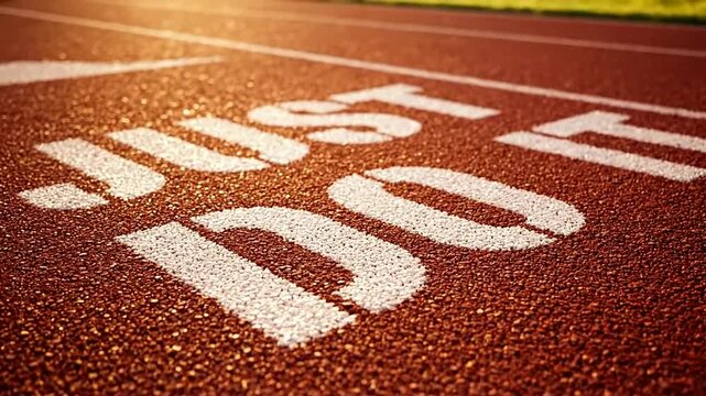 A motivational video of a running track with the words 'Just Do It' written on it