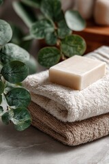 Natural Soap Bar on Stacked Towels with Eucalyptus Leaves.