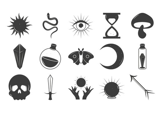 Black And White Esoteric Magic Mystic Occult Icons Set