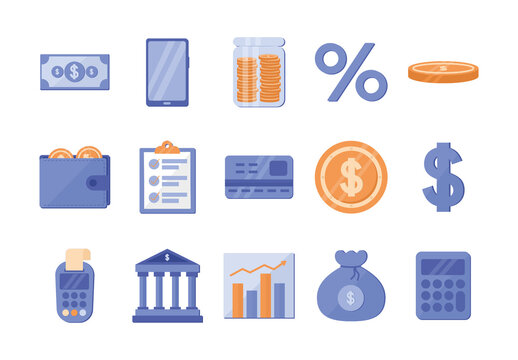 Blue And Orange Finance Banking Money Icons Set