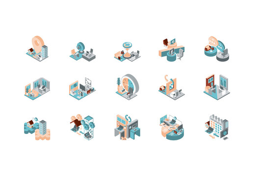 Blue And Orange Hybrid Work Isometric Illustrations Set