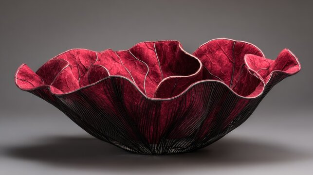 Elegant Red Glass Bowl with Ruffled Edges on Gray Background.