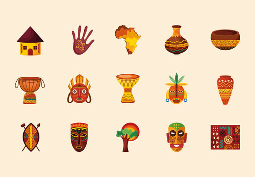 Brown and Yellow Africa Tribal Culture Illustration Set