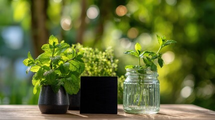 Fresh Herbs and Black Label on Wooden Table.
