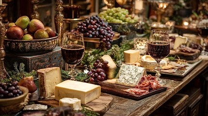Rustic wooden table displaying an elaborate charcuterie and cheese selection