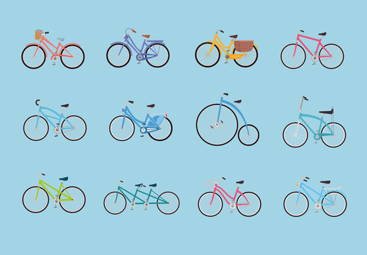 Colorful Bicycle Vintage Urban Transport Icons Set