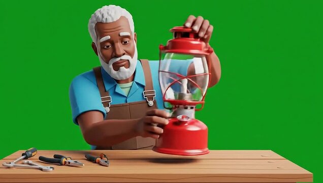 Old man repairing lantern  vector animation on green screen
