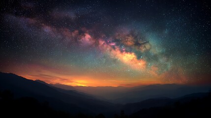 Fototapeta premium Vast panoramic vista showing a vibrant Milky Way over a mountainous, hazy landscape at sunset