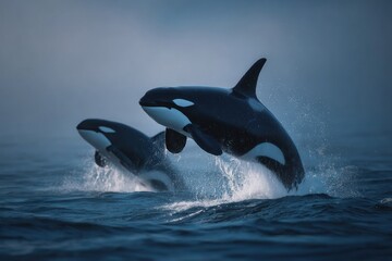 Fototapeta premium Two orcas leaping out of the water in a display of power.