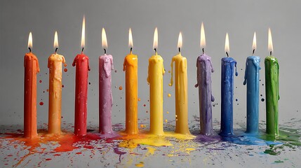 A row of ten colorful candles burning with flames, melting wax on a gray surface