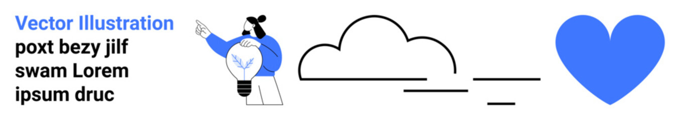 Innovation, inspiration, creativity, love, environmental ideas, teamwork. A person gestures to a lightbulb with clouds and a heart in a flat design. Innovation and creativity concept © robu_s