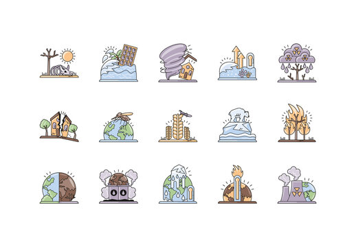 Colorful Climate Change Disaster Nature Icons Set