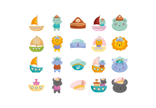 Colorful Cute Sailor Animals Illustration Set