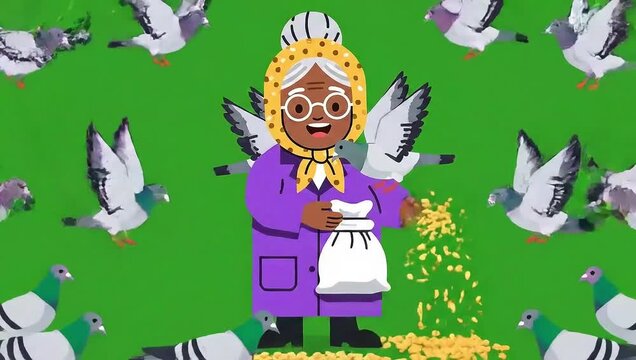 Old woman feeding grain to pigeons vector on green screen animation