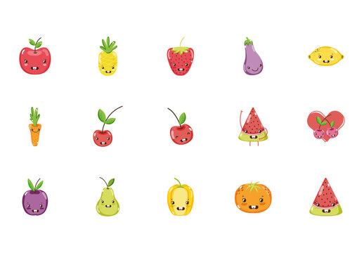 Colorful Cute Fruit Vegetable Kawaii Happy Icons Set