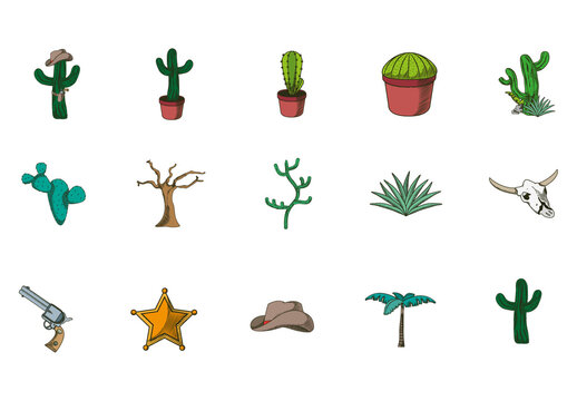 Colorful Desert Wild West Cowboy Illustrations Set